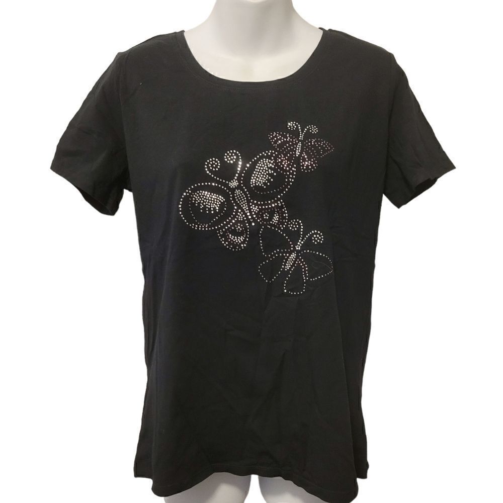 2/$20 Vintage Y2K Rhinestone Butterfly Black Top Tee T-shirt Size: M